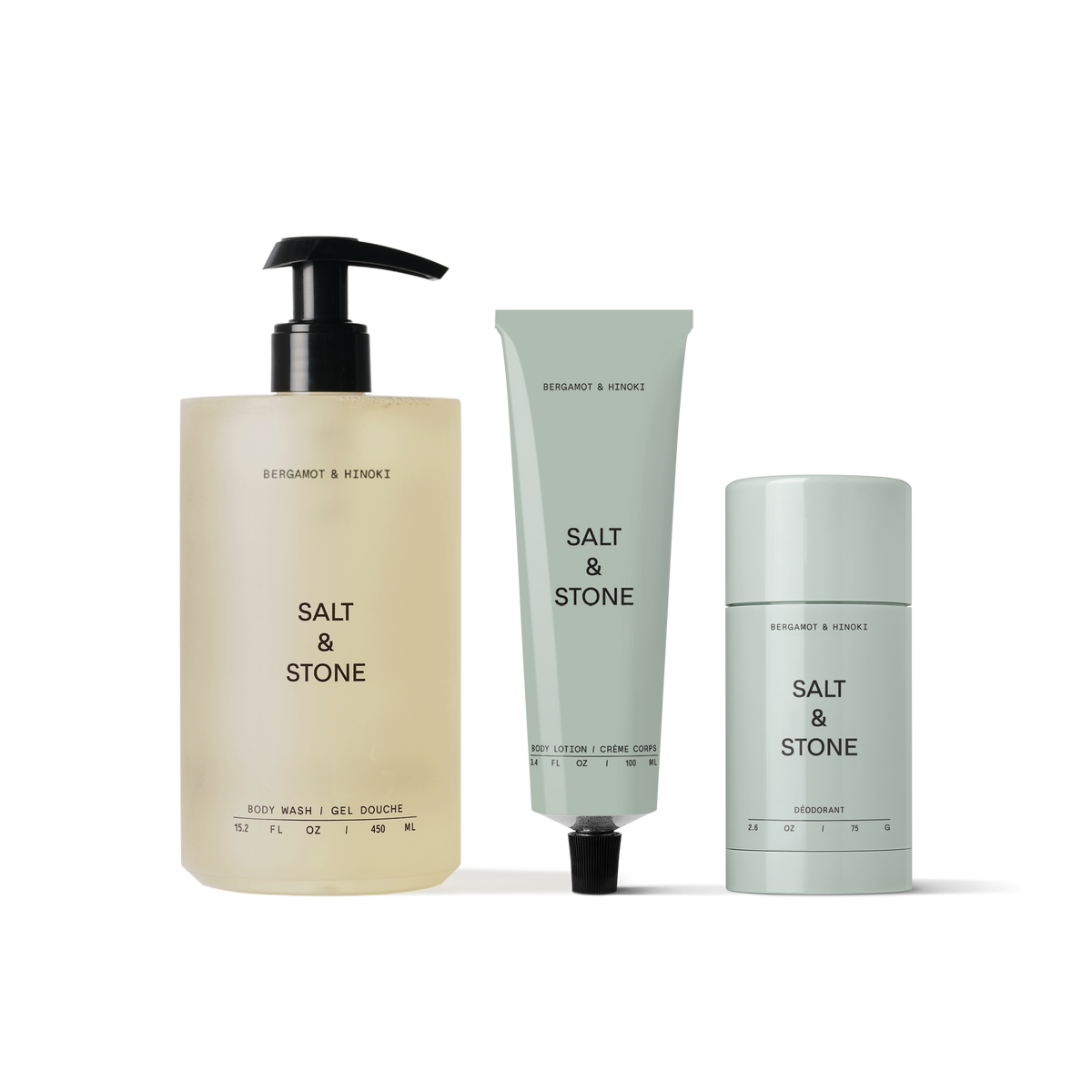 Salt & Stone's Bergamot & Hinoki Set including aluminum-free deodorant, body wash & body lotion.