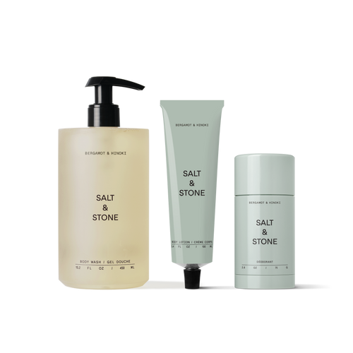 Salt & Stone's Bergamot & Hinoki Set including aluminum-free deodorant, body wash & body lotion.